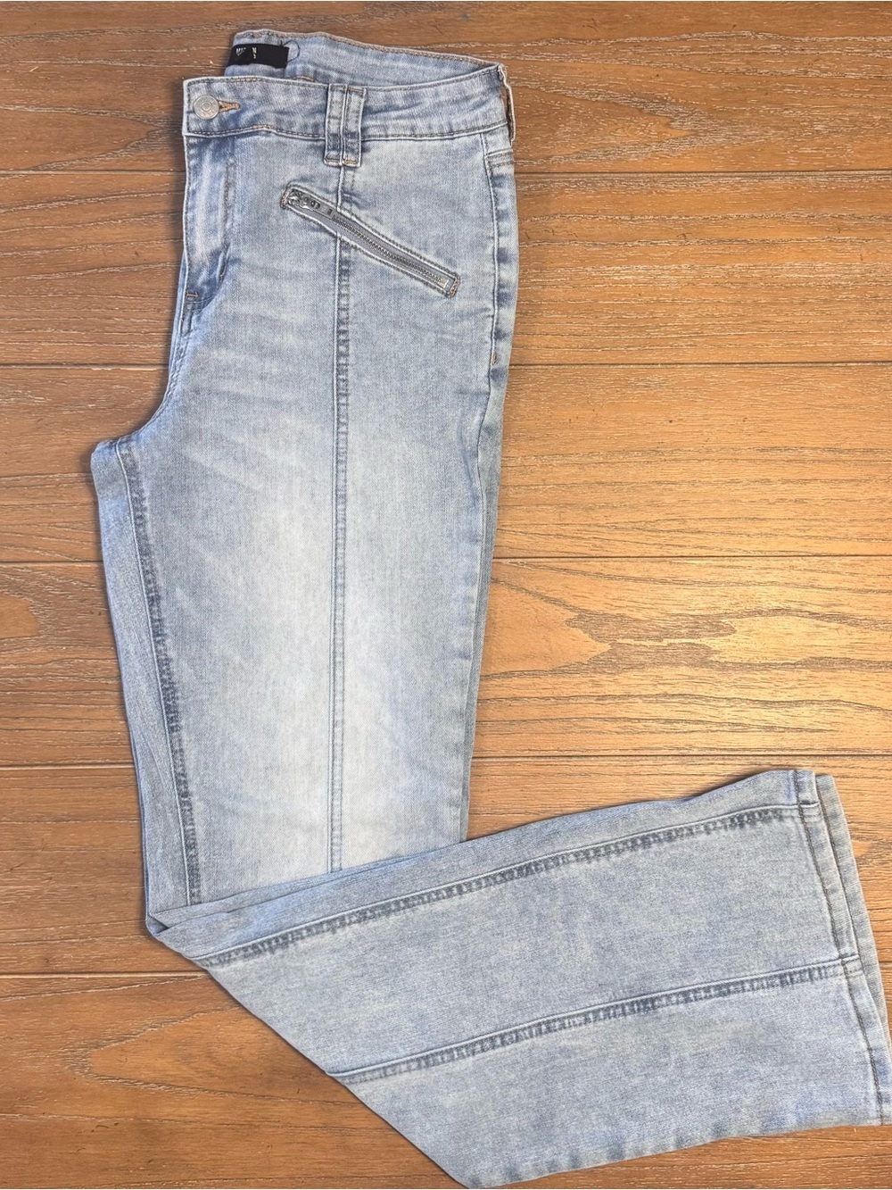 Light Blue Wide Leg Jeans with Zip Detail - Women's Flare #107